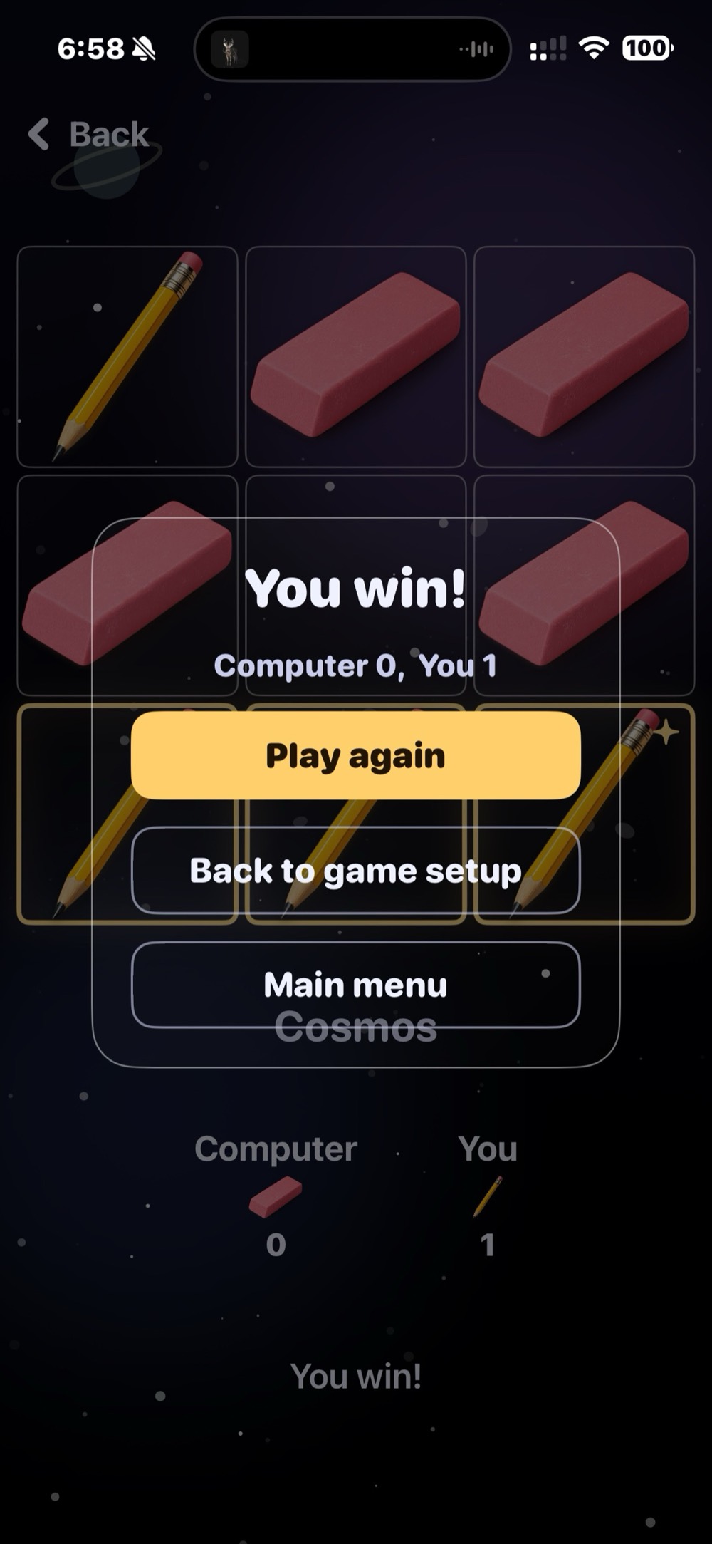 The win screen in the cosmos scene: You win, Computer 0, You 1, with Play again, Back to game setup and Main menu buttons over a board of pencils and erasers.
